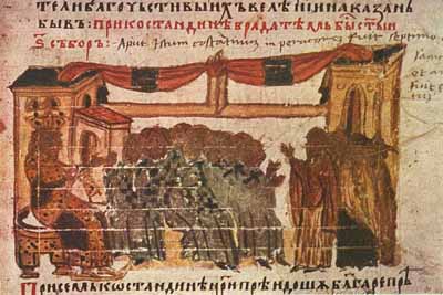 6-й Вселенский Собор (680-681 гг). Миниатюра из Хроники Константина Манасии.